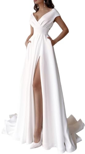 Damen Elegant Lange Ballkleider Langer Schlitz A-Linie Abendkleider Sexy Off Shoulder Brautkleid Kräuselsaum Bodenlang Kleid V-Ausschnitt Hochzeitskleid Lang Prinzessin Brautjungfer Kleid