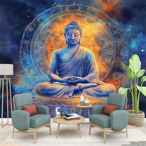 Papel pintado mural Meditación De Buda Sagrada papel pintado no tejido Azul Adecuado para habitación infantil, salón y dormitorio 250 x 175 cm papel pintado mural