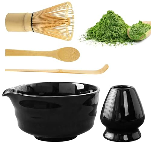 WANDGU Set med 5 matchavispar: Matcha-set med matchande visp, med 2 matchaskedar, visphållare, matchande pulverbehållare, japanska tillbehör för matchaceremoni (svart)