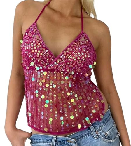 LYSINK Women Sequin Tank Tops Y2K Sexy Sleeveless Spaghetti Strap Backless Crop Halter Neck Vest for Summer Streetwear