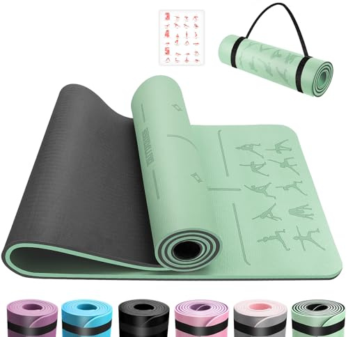 OUTDOUSE Yoga Mat with Alignment Lines,TPE 6mm Sports Exercise Mat,Non-Slip,for Gymnastics,Pilates,Home, Travel,Gymnastics Mat with Storage Straps,Yoga Mats for Women and Men,183x61x0.8cm