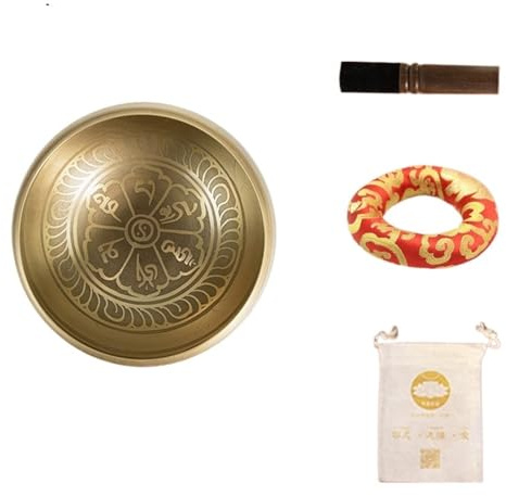 Singing Bowl, handgjord klangskål i mässing för meditation, yoga, chakra-läkning och avkoppling med slagverk (set C)
