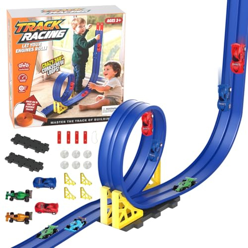 5m Race Car Track Flexible Race Track for Kids, Toy Car Ramp Rolls up Portable Dual Flexible car track, Toys for 3 4 5 6 7 8 Year Old Boys, 4-8 Year Boy Old Birthday Gift, Racing Tracks