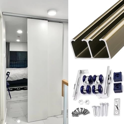 schiebetürbeschlag Metall-Schiebetürschiene mit Beschlagsatz, 50, 100, 150, 200, 250 cm, Doppelschiene für Schiebetüren, Leises Bypass-Beschlagset für Holztüren(Champagne,24in/61cm)