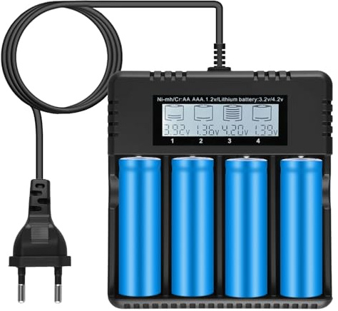 Chargeur LCD pour Piles Rechargeables, Chargeur de Batterie avec 4 Slots Indépendants pour 3.7V 18650/26500/14500/16340/26700, Compatible Piles Li-ION et NiMH AA/AAA, Charge Rapide et Sécurisée