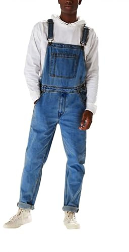 Men's Denim Bib Overall Loose Fit Fashion Adjustable Straps Dungarees Regular Casual Washed Suspender Jean Romper Trousers Comfortable Jumpsuit with Pockets
