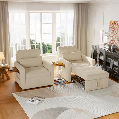 Sillón 3 en 1 convertible, sillón cama con función de cama, sillón ajustable con cojín y bolsillo lateral, sillón con función de dormir para apartamentos pequeños (beige, silla 3 en 1)