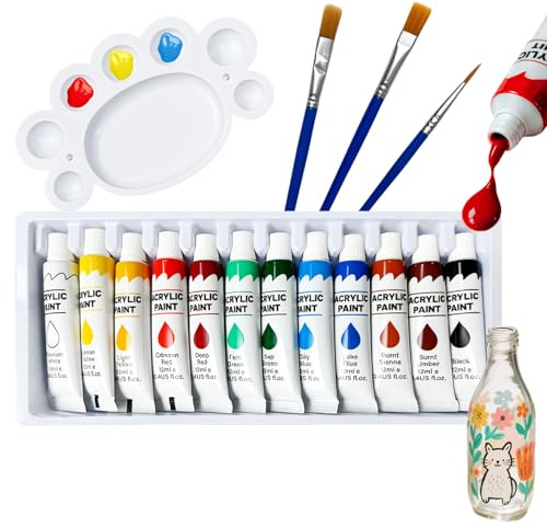Peaflew 12 Colours Acrylic Paints for Glass Painting, Waterproof Stained Acrylic Paint with 3 Brushes for Adults, Gallery Acrylic Paint with 1 Palette for Windows, Rocks, Ceramics, Metal, Plastic