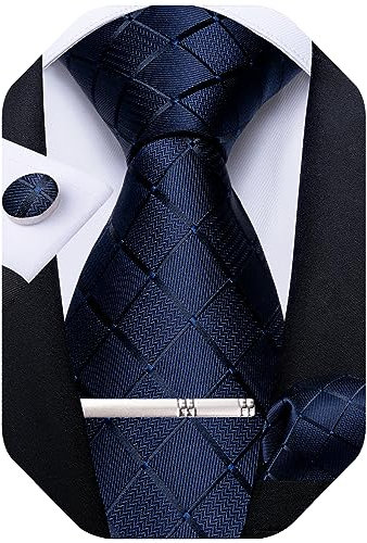 DiBanGu Plaid Ties for Men Silk Checkered Necktie and Pocket Square Cufflinks Tie Clip Set with Gift Box for Wedding Business, Navy Blue