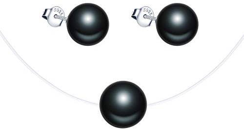 Yumilok Damen Schmuckset Halskette mit schwarz Perlen Anhänger & Perlen Ohrstecker Ohrringe aus 925 Sterling Silber