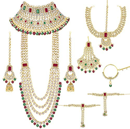 Aheli Ethnic Indian Traditional Bollywood Fashion Kundan Heavy Bridal Jewelry Set with Choker Earrings Maang Tikka Hathphool Gift for Women Red Green