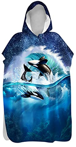 Treer Serviette Poncho Adulte Microfibre Séchage Rapide Poncho à Capuche Plage Surf, Serviette à Changement Peignoir Piscine Robe de Bain pour Homme et Femme (Orcinus Orque,80x145cm)