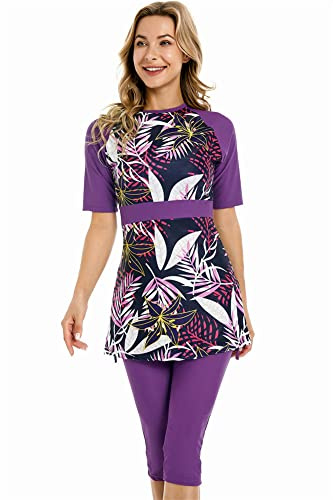 Maillot de Bain à Manches Courtes Maillots de Bain modestes pour Femmes Modesty Maillot de Bain Rash Guard Beachwear Burkini (S, S6)