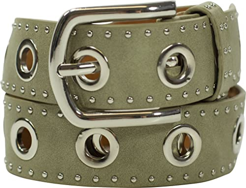 fashionchimp Cinturón para mujer con ojales XXL y remaches, cinturón de aspecto vintage, cinturón vaquero, ancho aprox. 3,5 cm, verde oliva, BW95cm - Gesamtlänge 110cm