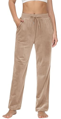 MAGCOMSEN Women's Sweatpants Velvet Elastic Waist Straight Leg Pants for Running Velour Cozy Pant Light Brown XL