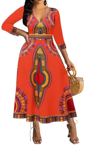African Dresses for Women V Neck Sexy Long Sleeve Bohemian Traditional Tribal Long Dashiki Maxi Dress Orange