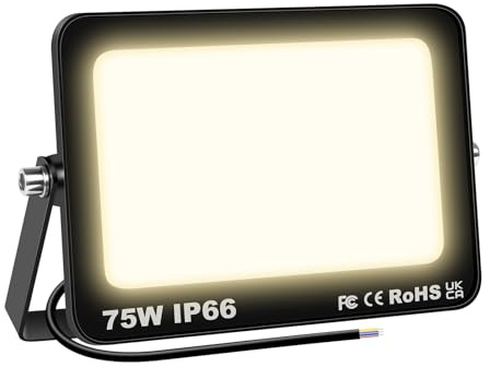 RIGIDON 75W utomhus LED-spotlight, 7 500LM LED-spotlight, 4 000 K varmvit säkerhetsbelysning, IP66 vattentät utomhusväggbelysning för trädgård, garage, gård, entré, terrass
