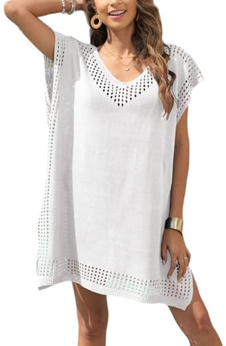 Robe de Plage pour Femmes V-Cou Bikini Cache-Maillots Taille Unique Dentelle Chemise Bain Chemisier Pareo Femme Plage Bikini Dentelle au Crochet Cache Maillots Cover Up Bohème Beachwear