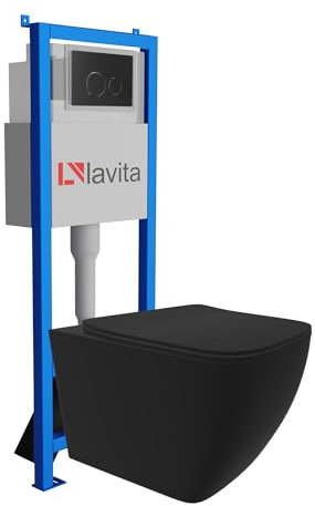 Lavita LAV 101 Vorwandelement für WC 40cm + Wand Hänge Tiefspül WC ONIL Schwarz Spülrandlos + Bedienplatte LAV 200.4.4 Schwarz | Komplettset | Unterputz Spülkasten | Toilette Komplett Sett