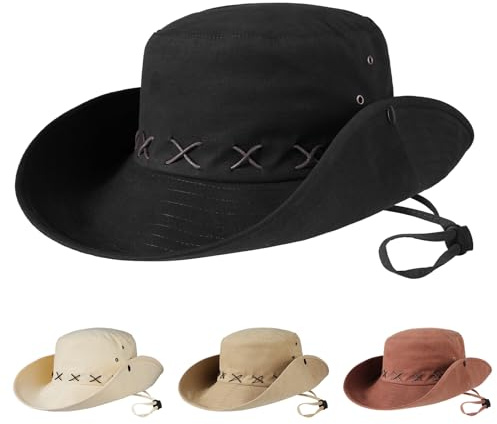 TAGVO Solhattar med solhatt för män och kvinnor, brett brätte, cowboystil, safari-hatt, pojkhatt, djungelhatt med justerbar hakrem, unisex utomhus vattentät strand solfiske hatt UPF50+ skydd, Svart,