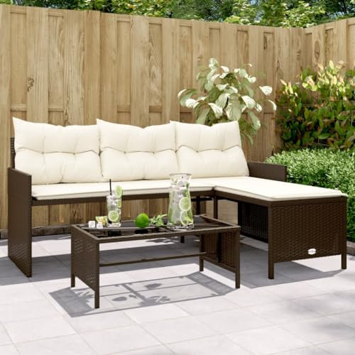 Tidyard 3-sitsig trädgårdssoffa i L-form med bord och kudde, loungesoffa, balkongmöbler, balkong, lounge, fåtölj, trädgårdsmöbler, brun, poly rotting