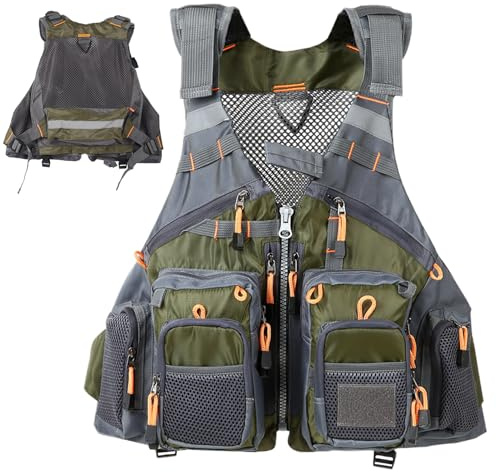 Gilets de pêche pour les hommes avec 13 poches gilet de pêche en maille en maille respirant vert olive avec rayures réfléchissantes et sangles réglables gilet de pêche à la mouche pour la pêche à la