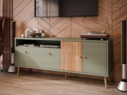 Forte Harllson, einfache Montage Dank EasyKlix TV Tisch, Salbei mit Mauvella Eiche, TV Schrank mit 2 Türen, skandinavischer, moderner Stil, 160 cm breit x 67 cm hoch x 41 cm tief