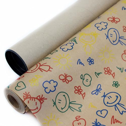 Papel de regalo kraft en rollo de 62CM x 25M con diseño escolar. Ideal para: Comercios, envolver regalos, aniversarios, cumpleaños y Navidad. (INFANTIL)