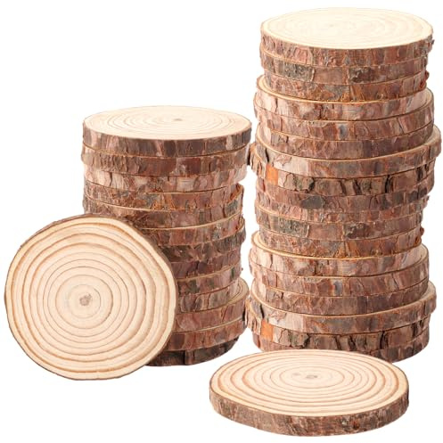 APACALI 35 discos de madera, 9-10 cm con corteza, discos de madera para manualidades sin agujero, discos redondos de madera, círculos de madera sin terminar para manualidades, bodas, centros de mesa