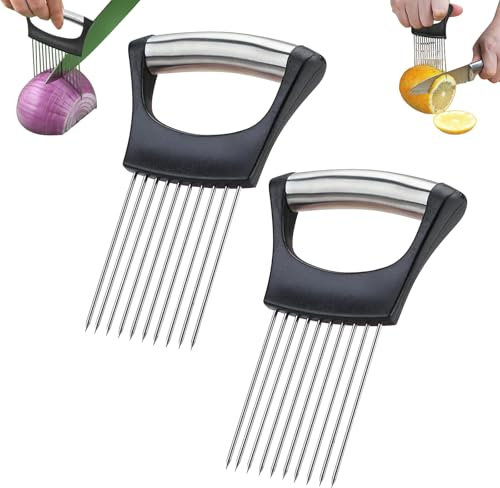 Lot de 2 Support à Oignons Amélioré Porte-tranche d'oignon en acier inoxydable outil de couteau à découper ondulé multifonctionnel pour fruits,légumes,Noir