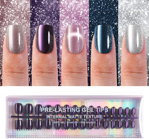150Pcs Cat Eye Press on Nails Short Square, Plauva Soft Gel Fake Nails, Glossy Glitter Cat Eye Nail Tips for Women and Girls Stick On Nails in 15 Sizes