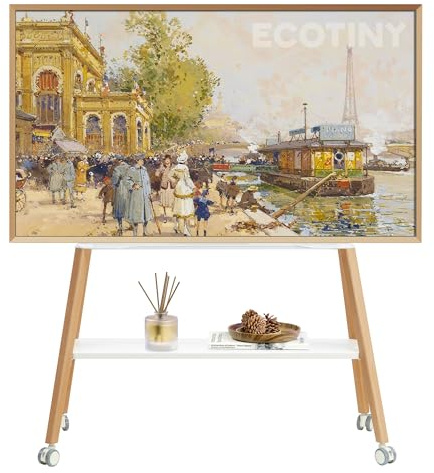 ECOTINY TV Stand with Wheels for 49-75 inch TVs up to 40 kg, Easel Design with Metal Structure and Wooden Shelf, Movable TV Stand on Wheels for Business, Office, School, and Home, White