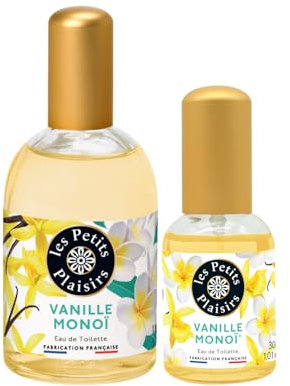 Les Petits Plaisirs – Lot Eau de Toilette Vanille Monoï 110ml + 30ml, Solaire, exotique et sensuel, Parfum femme, Coffret cadeau, Made in France, 110ml, 30ml