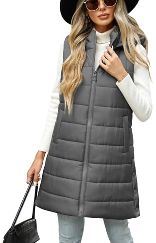 CMTOP Manteaux Sans Manche Femme Mi-long Chaud Hooded Gilet Légère Matelassé Zippée Veste Élégant Casual Outdoor Waistcoat Automne Hiver Coat avec Poches(Gris, M)