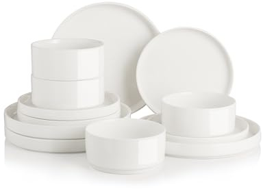 Sweejar Home Porcelain Dinnerware Sets for 4, 12 Pieces Ceramic Plates and Bowls Set, Classic Modern Simple Kitchen Dinner Dining Ware Set, Dishwasher and Microwave Safe Dishes Sets(Pure White)