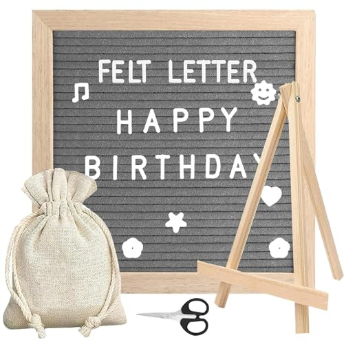 Tbintul Tablero de letras de fieltro, 25 x 25 cm, Letter Board Retro, 340 Caracteres, Marco de Madera, para Citas, Notas y Anuncios, Tablero de Mensajes, Pared y Mesa (Gris)