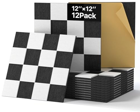 Woovio Självhäftande Akustiska Paneler 12 St 30x30x0.9cm Polyester Ljudabsorberande Paneler Schackbräde Svart Vit Ljuddämpande Väggpaneler för Studio Kontor Gaming Dekor