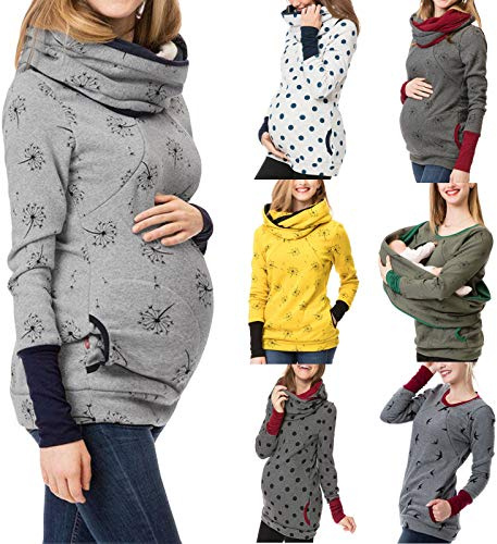 Hoodie de Maternité Sweat à Capuche Zippé Haut à Manches Longues pour Femmes Enceintes Veste Maternité Grossesse Casual Pull avec Poches Sweat-Shirt à Capuche Couleur Unie