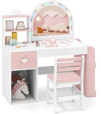 DREAMADE 2 in 1 Schminktisch Kinder Set, Frisiertisch mit Hocker & Buntem LED-Spiegel, Kinderschminktisch mit Bücherregal, Schublade & Schrank, Kosmetiktisch für Mädchen ab 3 Jahren (Weiß+Rosa)