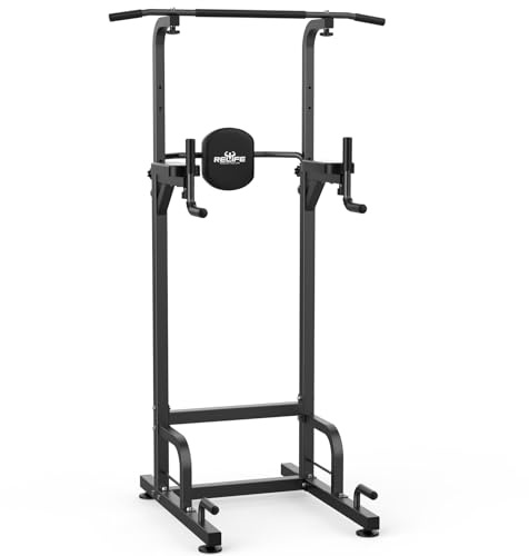 RELIFE REBUILD YOUR LIFE Power Tower Torre per Trazioni Stazione per Dip Sbarra Palestra Allenamento Casa Muscoli Multifunzione Fitness Casa Addominali Forza Attrezzi Pull Up Bar (Grigio) (nero)