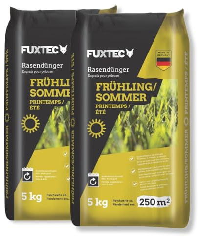 FUXTEC Engrais gazon printemps été FX-RDFS10 – 10 kg (2x5kg) rendement 250m2 fertilisant pelouse NPK 12+3+5 organo-minéral – azote à libération progressive – magnésium et soufre – granulés fins