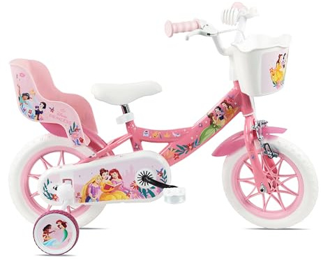 Denver Bike Bicicletta Bambina 12 Pollici Licensed Princess 2-4 Anni, Rotelle Removibili, Freno Anteriore Caliper, Telaio Acciaio, Ruote EVA Antiforatura, Trombetta e Portabambola