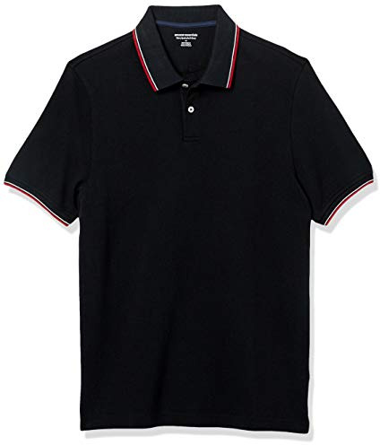 Amazon Essentials Men's Slim-Fit Cotton Pique Polo Shirt, Black Thin Stripe, XXL