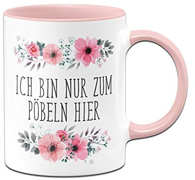 Koppbränneri kopp med slogan 'I Bin nur zum att poppa hit' – blommig – kaffekopp rolig för arbete, kontor – diskmaskinssäker (rosa)
