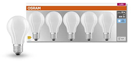OSRAM LED BASE Classic A60, matte Filament LED-Lampen aus Glas für E27 Sockel, Birnenform, Kaltweiß (4000K), 806 Lumen, Ersatz für herkömmliche 60W-Glühbirnen, 5er-Box