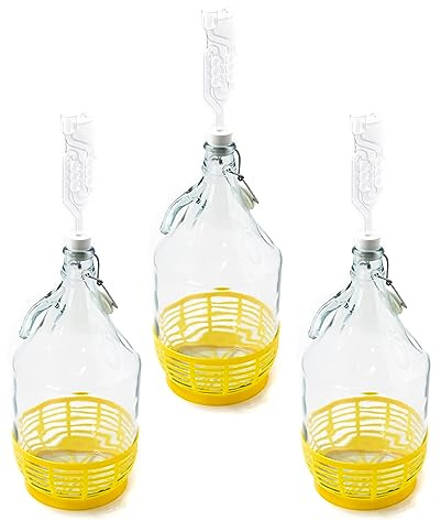 WYSKONT Enghals Balloon Bottle with Swing Top, Protective Basket, Airlock and Stopper for Wine Making, Fermentation, Drink Storage, Clear Glass, 3 Pack x 5 Litres