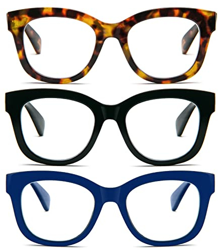 MMOWW Oversized Reading Glasses 3 Pack for Women Blue Light Blocking with Spring Hinge Computer Readers Ladies (Black + Blue + Brown Tortoiseshell, +1.5)