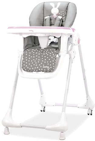Trona CHEF con Ruedas para Bebé – Altura y Respaldo Reclinables, Bandeja Doble Extraíble, Arnés 5 Puntos, Plegado Compacto, Textil Lavable – Conejito Rosa Asalvo