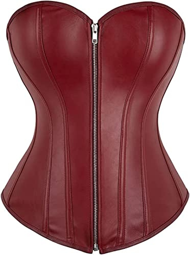 Corsets for Women Faux Leather Corset Top Steampunk Corsets Zipper Bustier Pirate Costume Wine Red Large