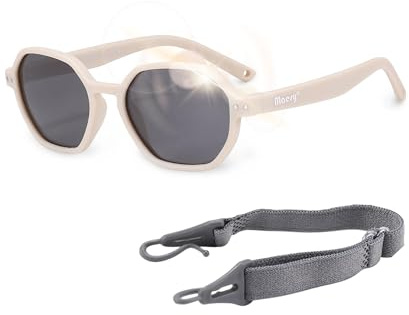 Maesy Gafas de Sol Niño 1-3 Años - Lentes Polarizadas UV400 Categoría 3 - Montura Flexible con Correa Ajustable - Diseño Hexagonal, Seguras y Cómodas - Yana, Beige Crudo